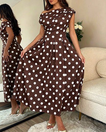Women's Skew Neck Polka Dot Maxi Dress Ruched A-Line Swing Dress Elegant Party Cocktail Dress with Pockets