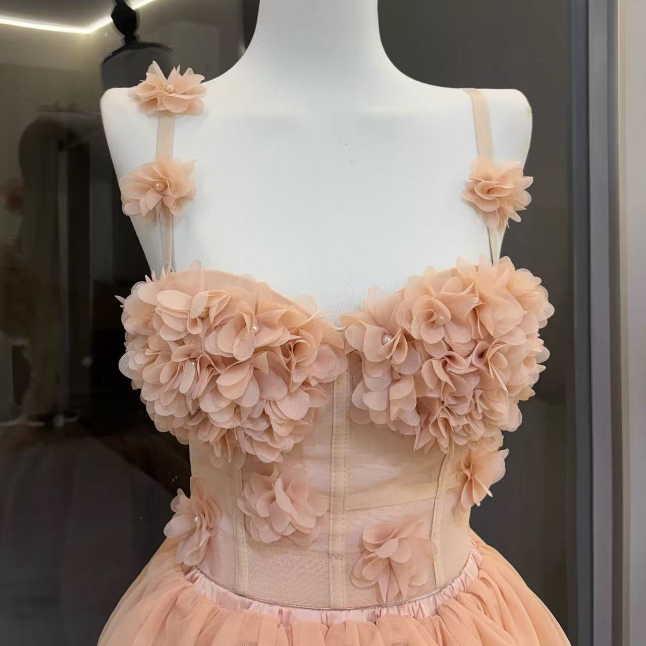 Blush Spaghetti Strap 3D Floral Corset Top & High Low Tiered Tulle Skirt Set