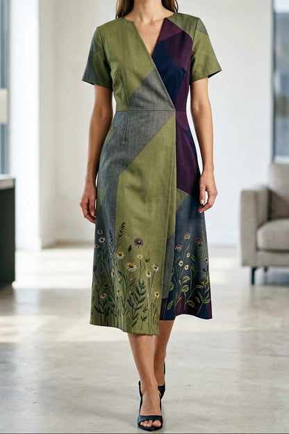 Linen Cotton Midi Dress with Abstract Color Block Design & Botanical Floral Hem