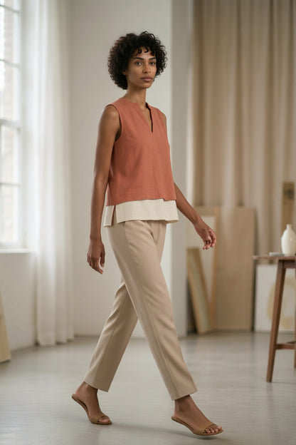 Split Neck Layered Sleeveless Linen Blend Top