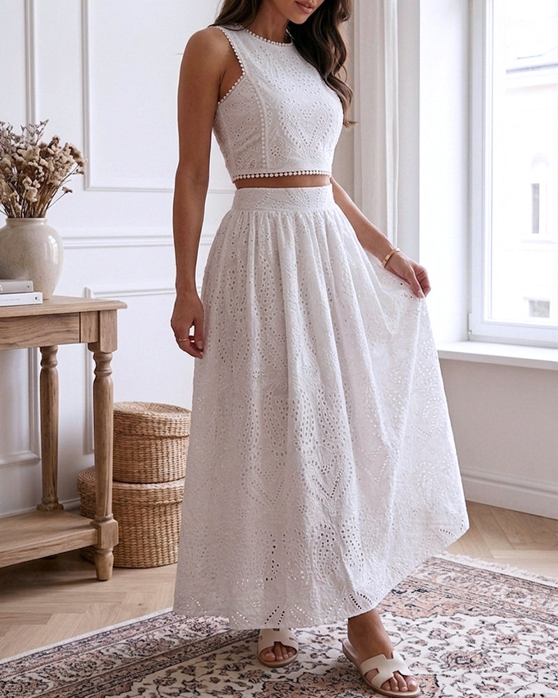 2 Pieces Outfit Sleeveless Hollow-out Back Zipper Side Crop Top and Casual High Waist Elastic Back Waist A Line Skirt Set Casual Lace Hollow Out Pattern Set