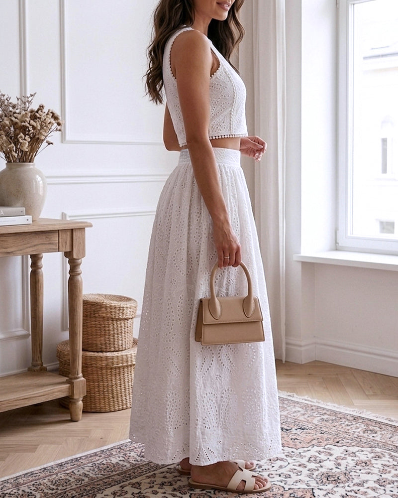 2 Pieces Outfit Sleeveless Hollow-out Back Zipper Side Crop Top and Casual High Waist Elastic Back Waist A Line Skirt Set Casual Lace Hollow Out Pattern Set