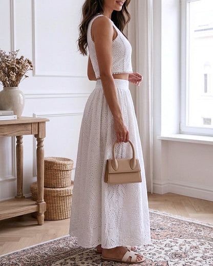 2 Pieces Outfit Sleeveless Hollow-out Back Zipper Side Crop Top and Casual High Waist Elastic Back Waist A Line Skirt Set Casual Lace Hollow Out Pattern Set