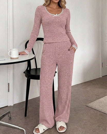 Lounge Sets Lace Trim Long Sleeve Top and High Waisted Pants Pajamas Sets with Pockets