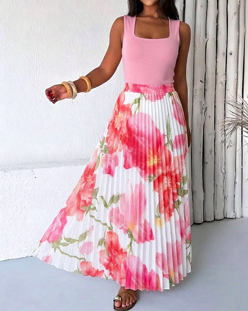 2 Pieces Outfit Square Neck Sleeveless Slim Fit Top and Watercolor Floral Print High Waist Elastic Waist Pleated Maxi Skirt Set