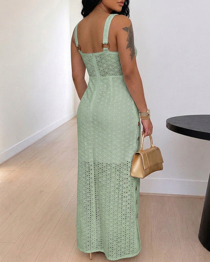 Women's Eyelet Embroidery Maxi Dress Backless Side Slit Slip Dress Tie Waist Bohemian Long Dress