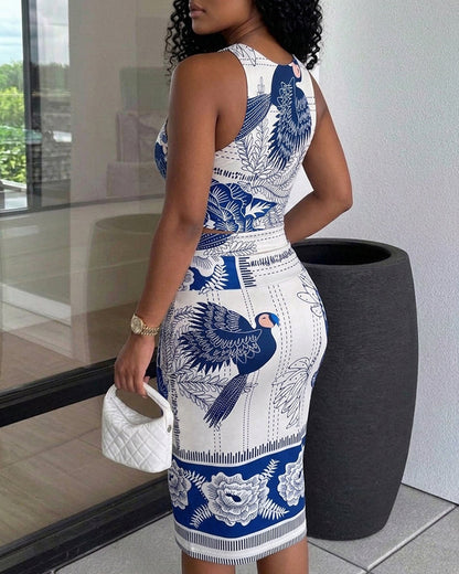 Women's Vintage Print Two Piece Set Crop Tank Top and High Waist Side Slit Slim Fit Midi Skirt Elegant Matching Set