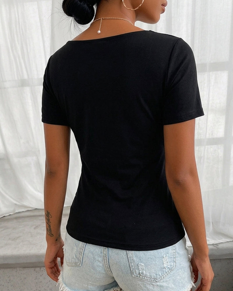 Women's Asymmetric Neckline T-Shirt Rhinestone Short Sleeve Tee Sparkly Slim Fit Casual Party Top