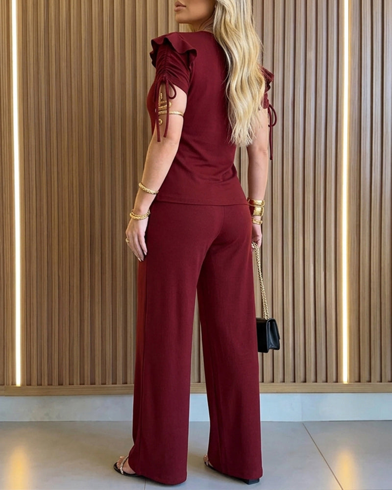 2 Pieces Outfit Ruffles Decor Drawstring Short Sleeve Top and Casual Elastic Waist Seam Front Wide Leg Pants Set