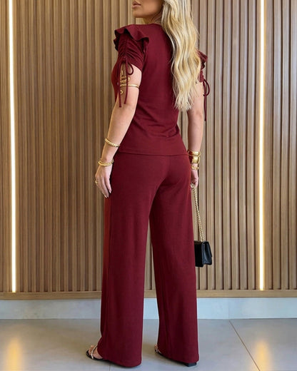 2 Pieces Outfit Ruffles Decor Drawstring Short Sleeve Top and Casual Elastic Waist Seam Front Wide Leg Pants Set