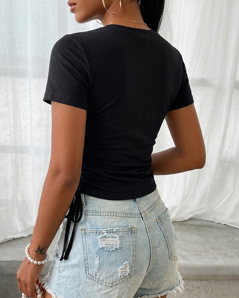 Women's Heart Cutout Rhinestone T-Shirt Short Sleeve Side Drawstring Ruched Top Slim Fit Sparkly Party Tee