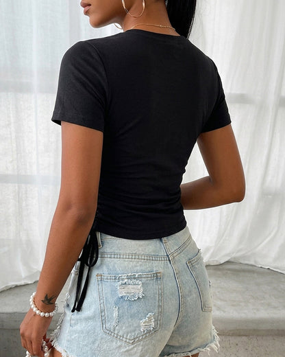 Women's Heart Cutout Rhinestone T-Shirt Short Sleeve Side Drawstring Ruched Top Slim Fit Sparkly Party Tee