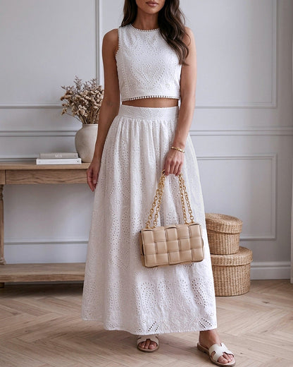2 Pieces Outfit Sleeveless Hollow-out Back Zipper Side Crop Top and Casual High Waist Elastic Back Waist A Line Skirt Set Casual Lace Hollow Out Pattern Set