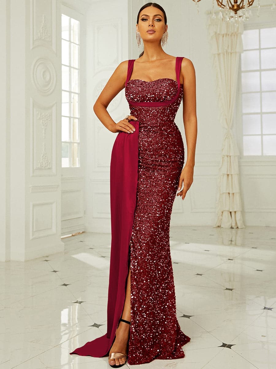 Ribbon Corset Sequin Maxi Prom Dress