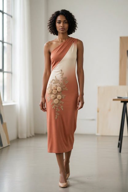 Terracotta Beige Ombre Gradient Asymmetrical One Shoulder 3D Rose Floral Applique Slim Bodycon Midi Dress