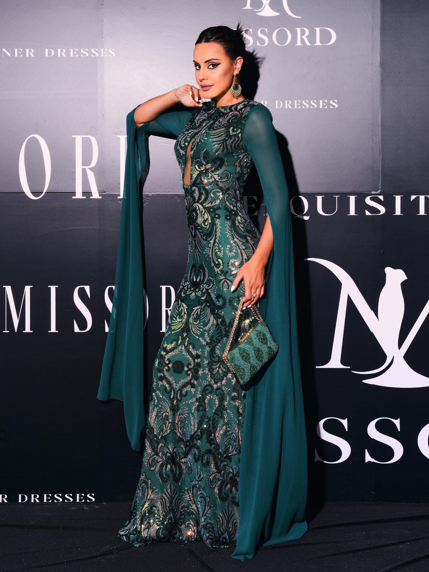 Cape Sleeve Floral Sequin Formal Dress