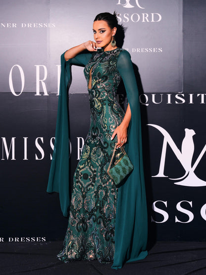 Cape Sleeve Floral Sequin Formal Dress