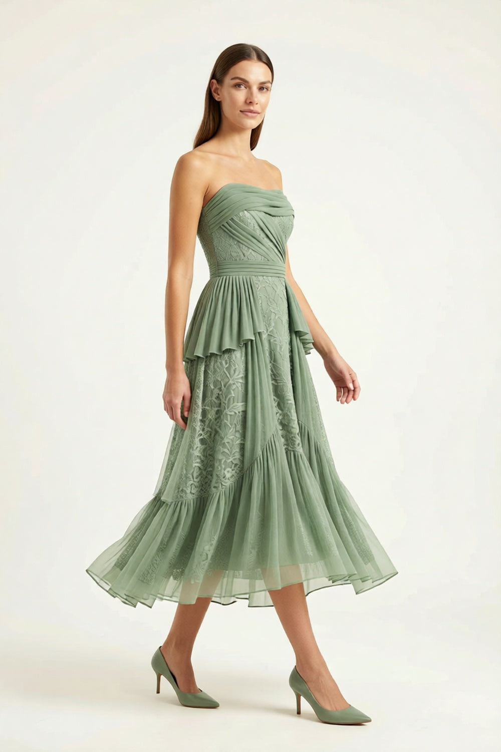 Sea-Glass Green Strapless Midi Dress sea-glass green matte crepe, compact viscose or washed satin with low shine Midi Dress - product view 3