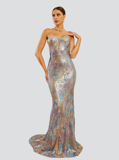 Strapless Abstrct Sequin Mermaid Dress