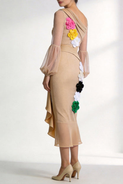 One-Shoulder Floral Appliqué Midi Dress clay red premium compact jersey or fluid Tencel blend Midi Dress - product view 4