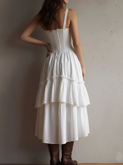 white renee Corset Tiered Midi Dress With Lace-Trim