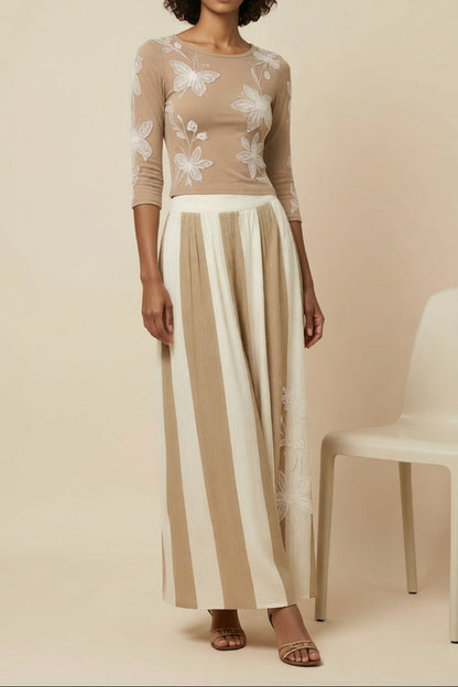 Khaki Round Neck 3/4 Sleeve Floral Top Striped Wide Leg Pants Two-Piece Set