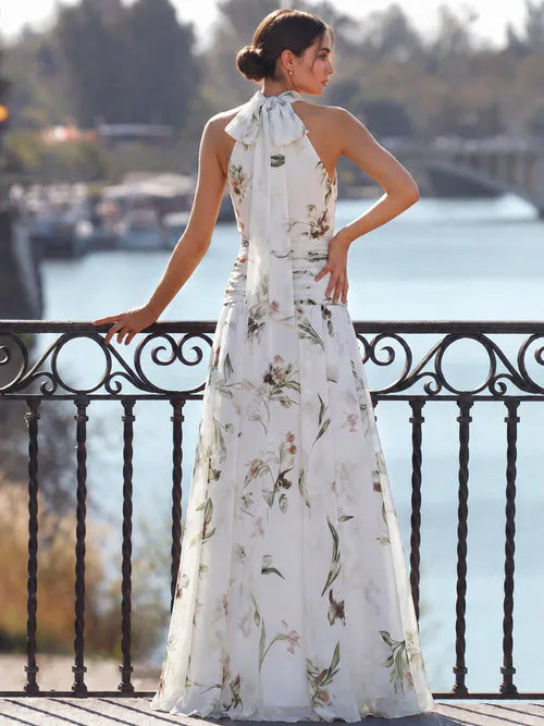 Halter neck floral printed bow tie maxi dress - white