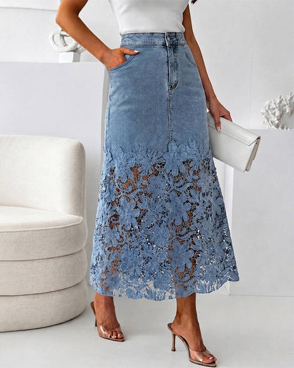 Women's Guipure Lace Spliced Denim Skirt High Waisted Jean Skirt French-Style Casual Skirt