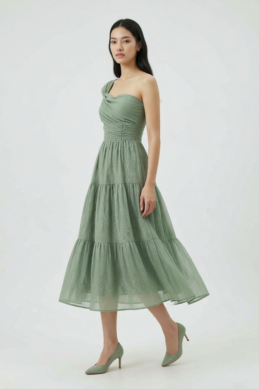 One-Shoulder Tiered Midi Dress in Sage Green cobalt accent matte satin or fine cotton sateen Blouse - product view 3
