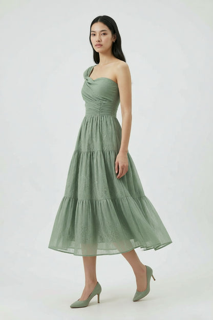 One-Shoulder Tiered Midi Dress in Sage Green cobalt accent matte satin or fine cotton sateen Blouse - product view 3