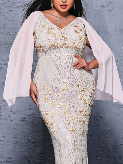 Plus V-neck Floral Sequin Mermaid Dress
