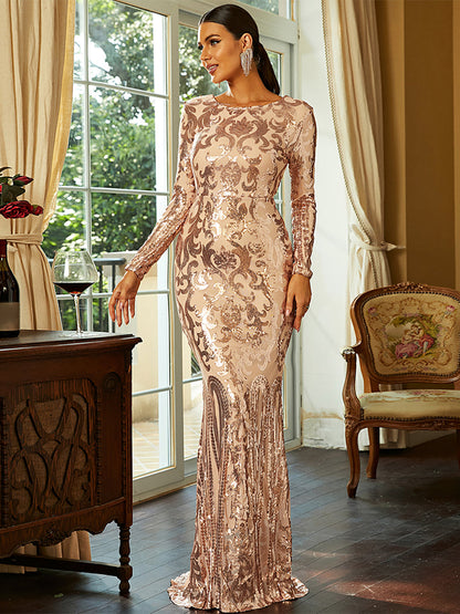 Long Sleeve Sequin Formal Dress