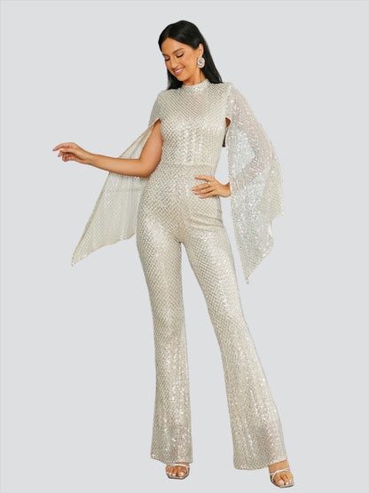 Stand Collar Cape Sleeve Sequin Jumpsuits