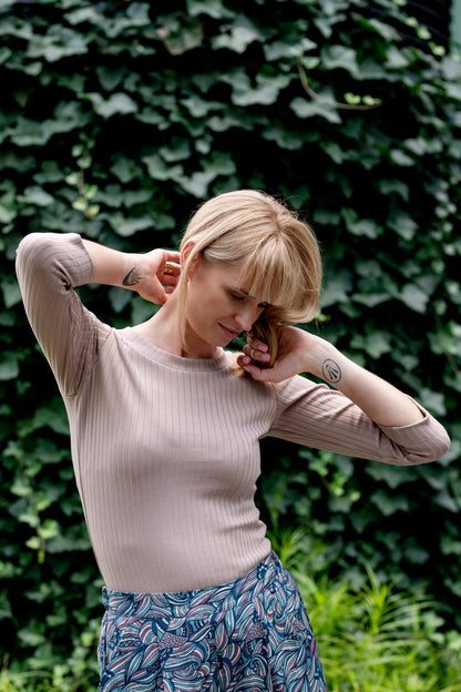 Echo cotton ribbed blouse with 3/4 sleeves – mocha