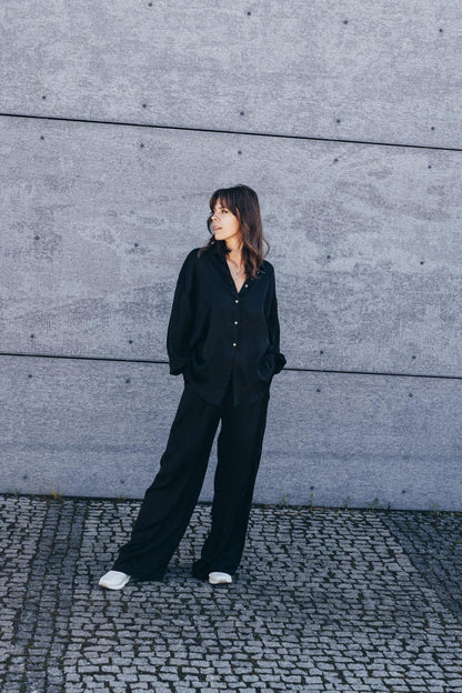 Echo Oversized Viscose Satin Shirt – Black