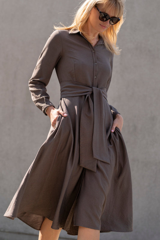 Echo midi dress with belt – cocoa