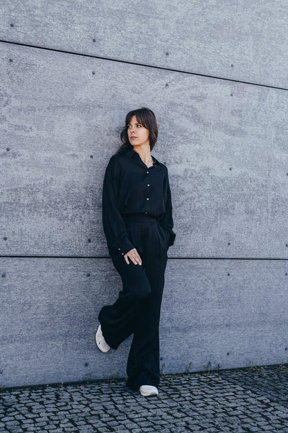 Echo Oversized Viscose Satin Shirt – Black