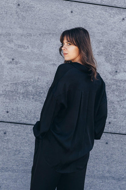 Echo Oversized Viscose Satin Shirt – Black