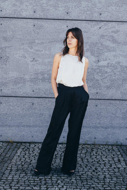 Echo Viscose Satin Wide Leg Trousers – Black