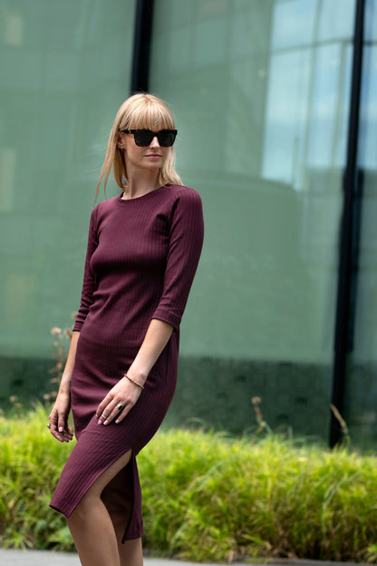 Echo ribbed cotton midi dress – burgundy