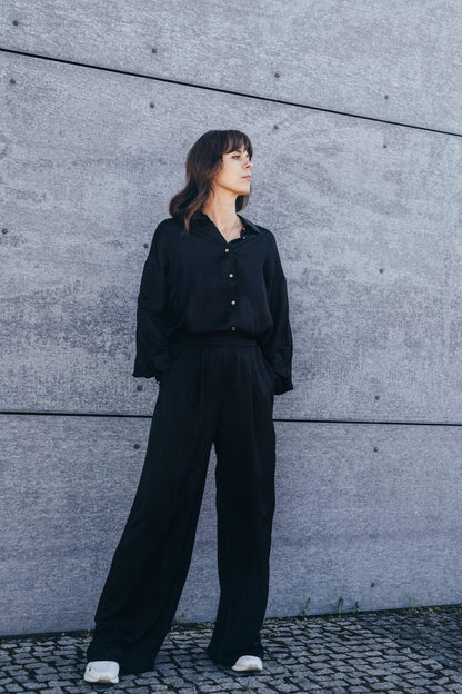 Echo Oversized Viscose Satin Shirt – Black