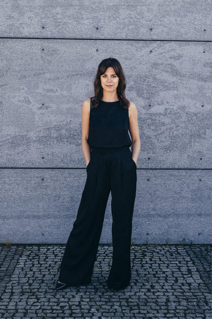 Echo Viscose Satin Wide Leg Trousers – Black
