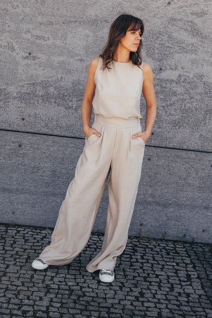 Echo Viscose Wide Leg Trousers – Beige