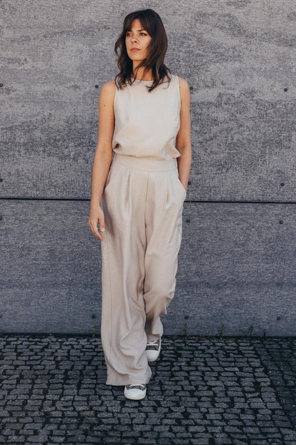 Echo Viscose Wide Leg Trousers – Beige