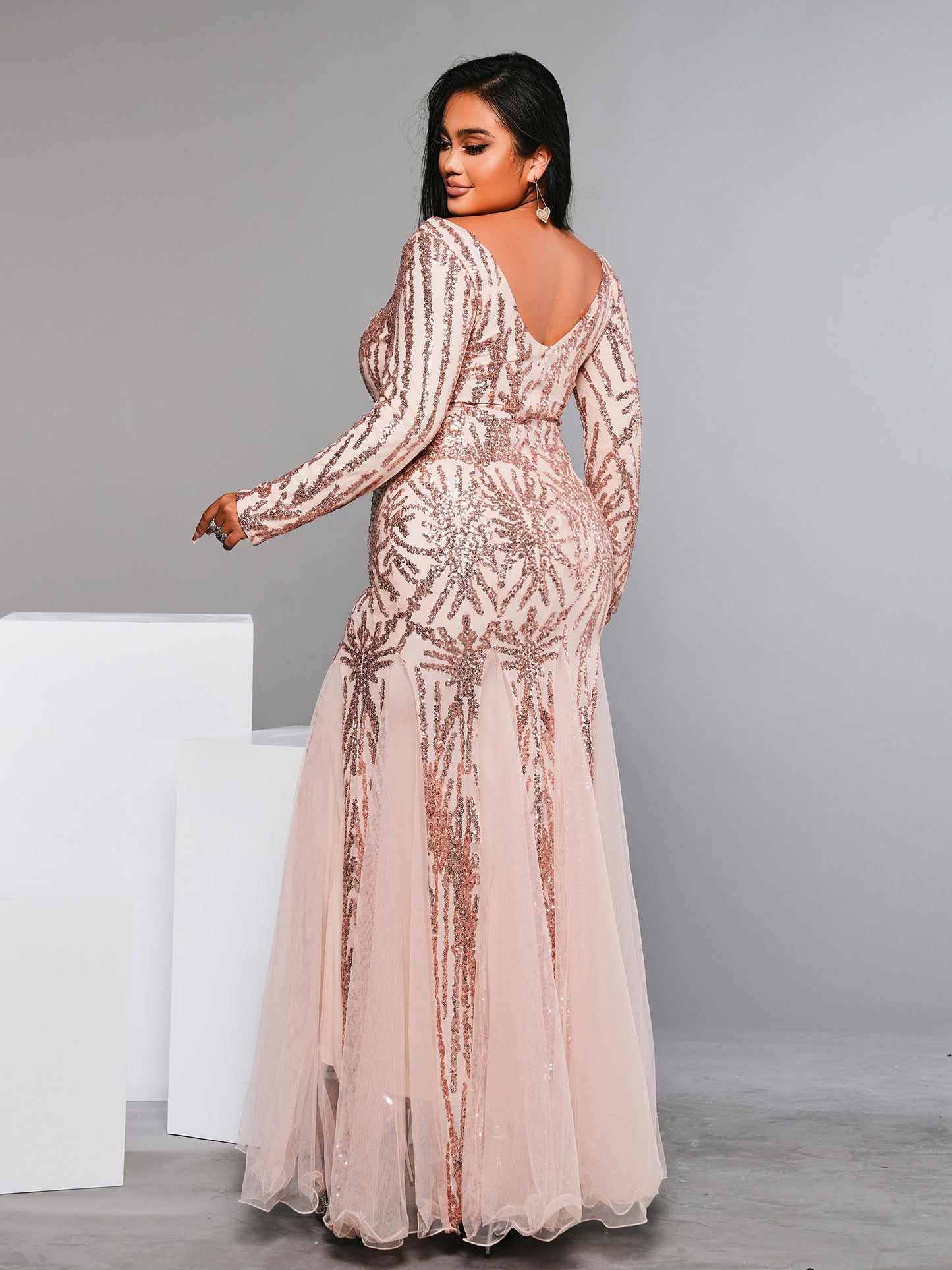 Plus Long Sleeve Sequin Prom Dress