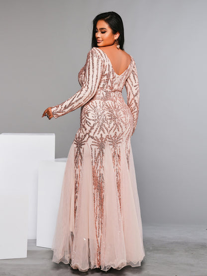 Plus Long Sleeve Sequin Prom Dress