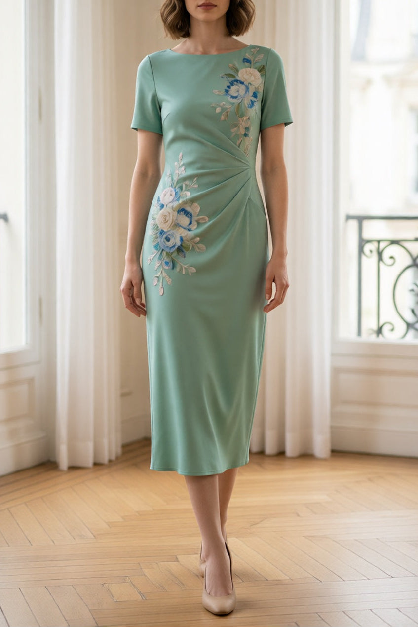 Mint Green Boat Neck Short Sleeve 3D Blue White Floral Embroidery Side Twist Ruched Slim Midi Dress