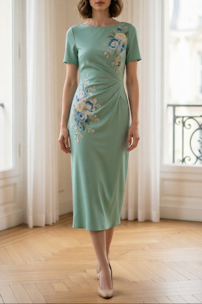Mint Green Boat Neck Short Sleeve 3D Blue White Floral Embroidery Side Twist Ruched Slim Midi Dress