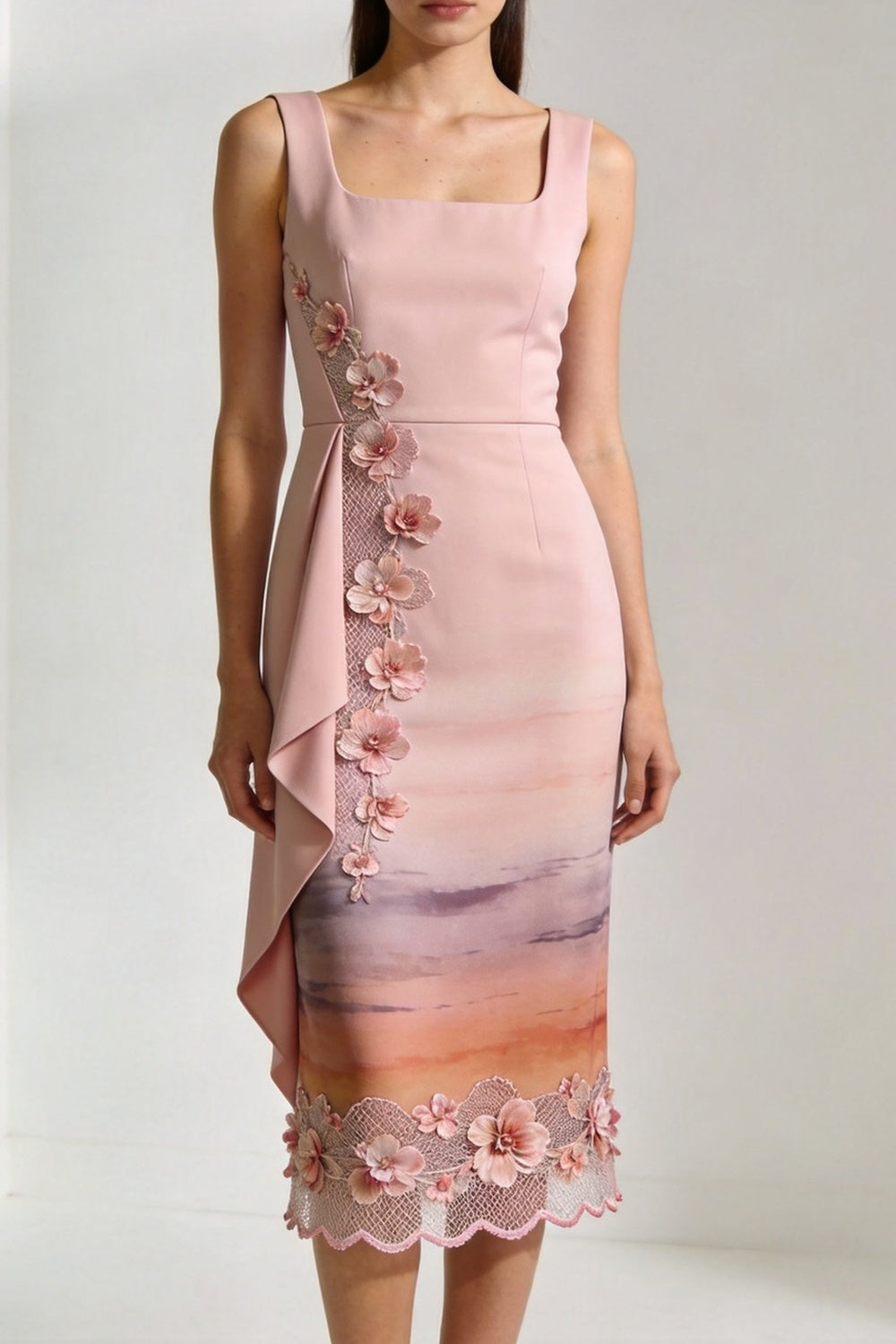 Pink Floral Appliqué Asymmetrical Hem Dress warm sand breathable viscose crepe or linen blend Two-Piece Set - product view 1