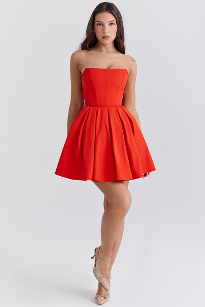 TOMATO STRAPLESS PLEATED MINI DRESS